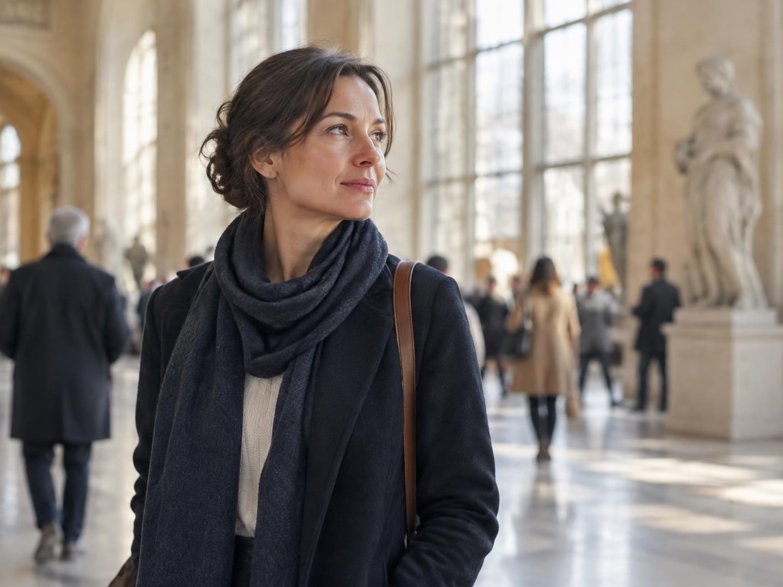 A woman pausing to observe in the hall of a public building, with people passing behind her
